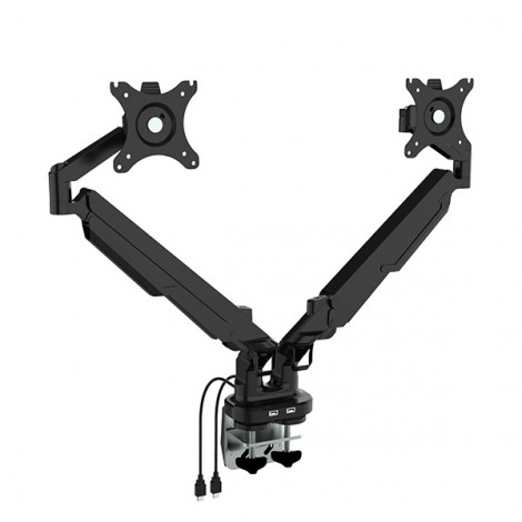 Regulowany uchwyt na 2 monitory, 2-9 Kg, mocowanie na zacisk, 17"-32", USB HUB, 75x75/100x100, czarny Regulowany uchwyt na 2 monitory, 2-9 Kg, mocowanie na zacisk, 17"-32", USB HUB, 75x75/100x100, czarny