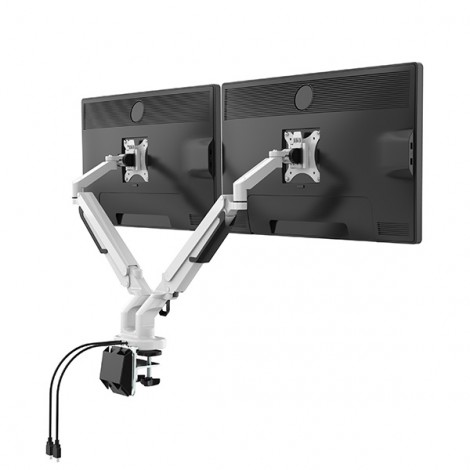 Regulowany uchwyt na 2 monitory, 2-9 Kg, mocowanie na zacisk, 17"-32", USB HUB, 75x75/100x100, czarny Regulowany uchwyt na 2 monitory, 2-9 Kg, mocowanie na zacisk, 17"-32", USB HUB, 75x75/100x100, czarny