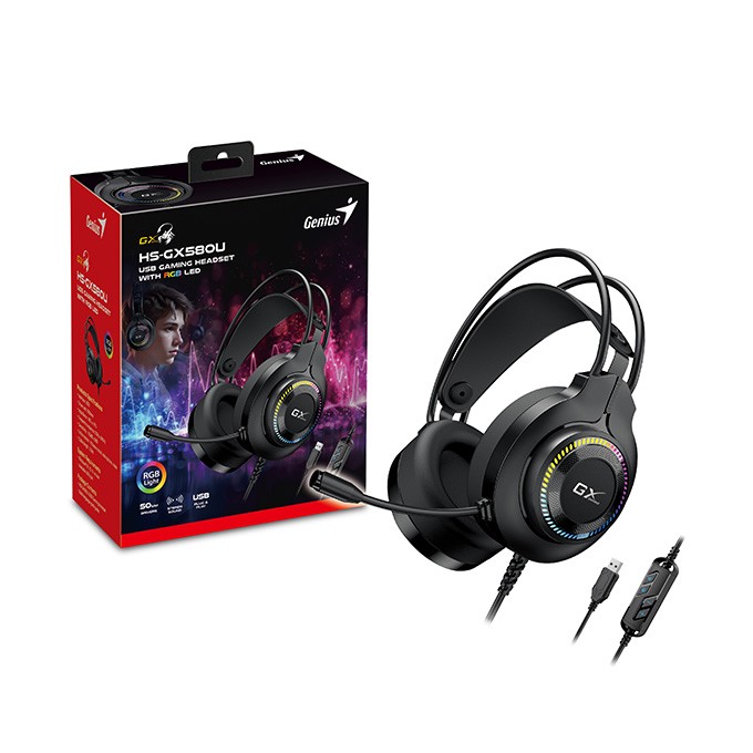 Genius GX GAMING HS-GX580U, słuchawki z mikrofonem, czarna, słuchawki, 50 mm przetworniki typ USB