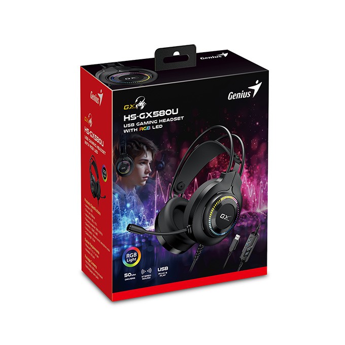 Genius GX GAMING HS-GX580U, słuchawki z mikrofonem, czarna, słuchawki, 50 mm przetworniki typ USB