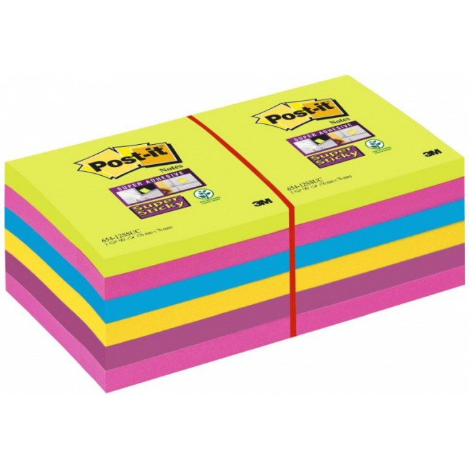 Karteczki samoprzylepne POST-IT® Super Sticky (654 -12SSUC), 76x76mm, 1x90 kart., neonowe