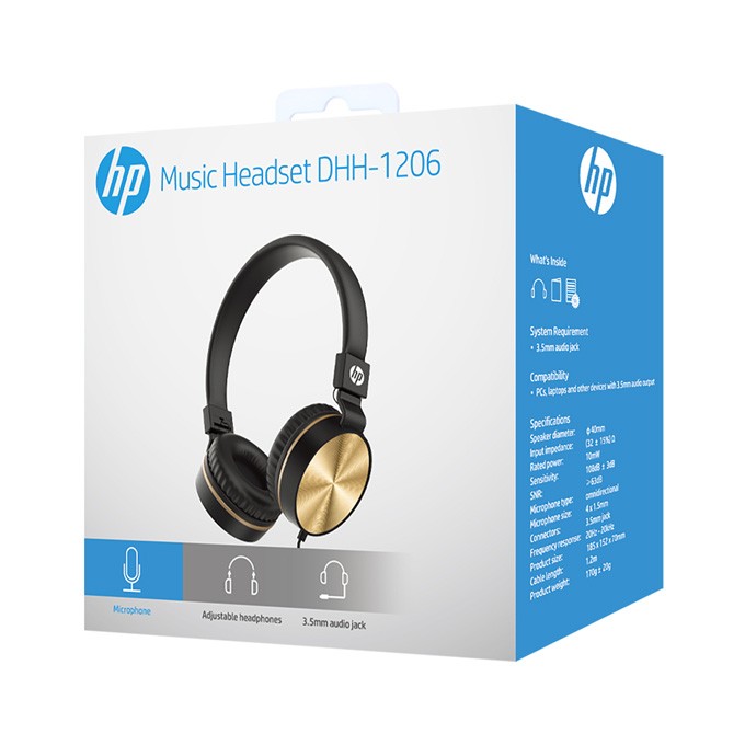 HP DHH-1206 Black słuchawki z mikrofonem, przewodowaczarno-złota, klasyczna typ 3,5mm jack