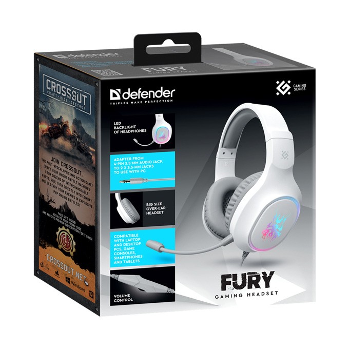 Defender FURY, Gaming Headset, słuchawki z mikrofonem, przewodowabiała, 2.0, 40 mm przetworniki typ 3.5 mm jack + 