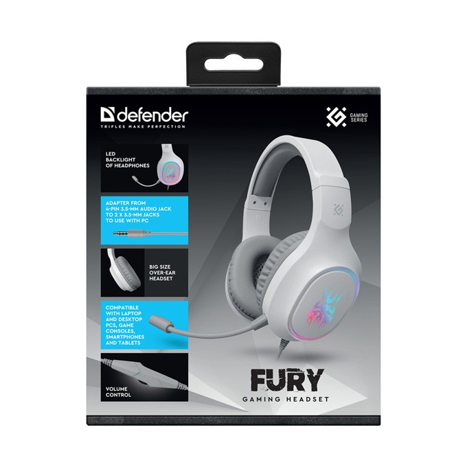 Defender FURY, Gaming Headset, słuchawki z mikrofonem, przewodowabiała, 2.0, 40 mm przetworniki typ 3.5 mm jack + 