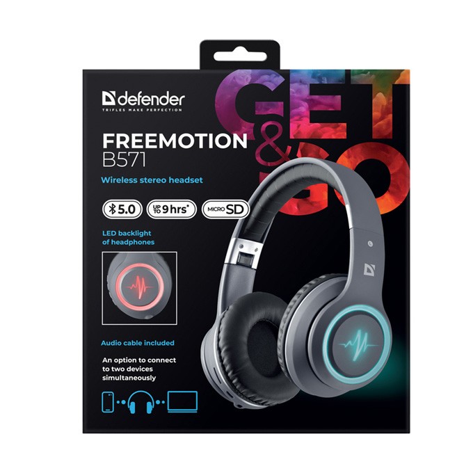 Defender FreeMotion B571, słuchawki z mikrofonem, bezprzewodowaszara, 2.0, 40 mm przetworniki typ micro-USB