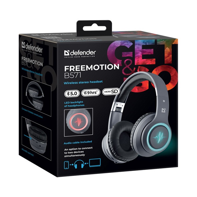 Defender FreeMotion B571, słuchawki z mikrofonem, bezprzewodowaszara, 2.0, 40 mm przetworniki typ micro-USB