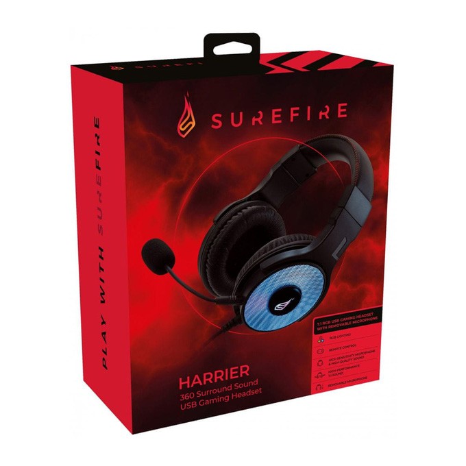 Surefire Harrier 360, słuchawki z odłączanym mikrofonem, przewodowaczarna, 7.1 surround sound (Virtual), USB