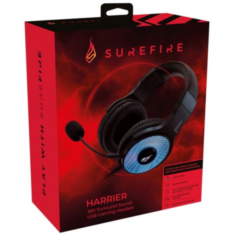 Surefire Harrier 360, słuchawki z odłączanym mikrofonem, przewodowaczarna, 7.1 surround sound (Virtual), USB