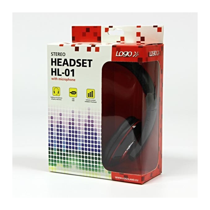 Logo HL-01, słuchawki z mikrofonem, przewodowaczarna, USB