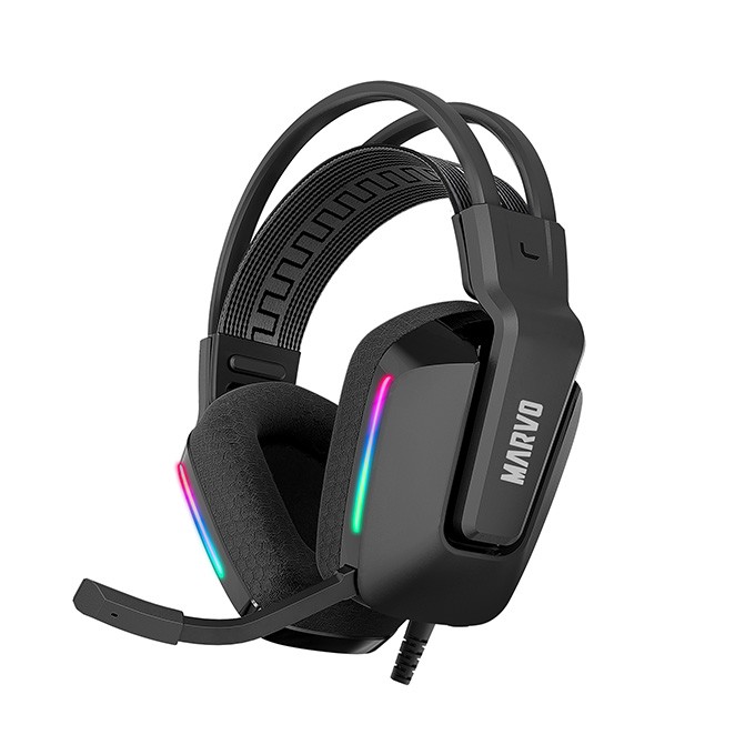 Marvo H8619, słuchawki z mikrofonem, przewodowaczarna, podświetlona, 3.5 mm jack + rozdvojka, EOL