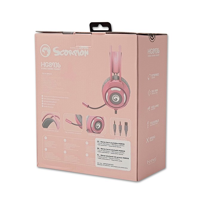 Marvo HG8936, słuchawki z mikrofonem, przewodowaróżowa, podświetlona, 3.5 mm jack + USB