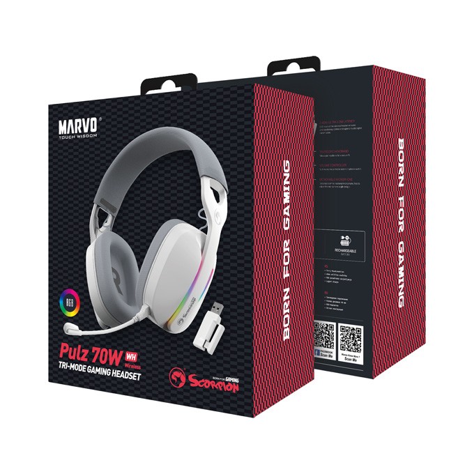 Marvo Pulz 70W, słuchawki, biała, Tri-mode