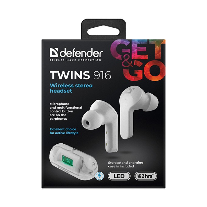 Defender Twins 916, słuchawki z mikrofonem, bezprzewodowabiała, douszne, BT 5.0, TWS, etui z ładowarką typ bluetooth