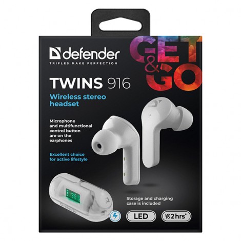 Defender Twins 916, słuchawki z mikrofonem, bezprzewodowabiała, douszne, BT 5.0, TWS, etui z ładowarką typ bluetooth