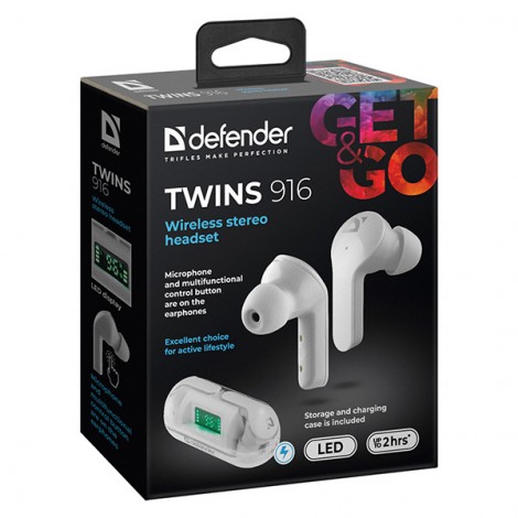 Defender Twins 916, słuchawki z mikrofonem, bezprzewodowabiała, douszne, BT 5.0, TWS, etui z ładowarką typ bluetooth