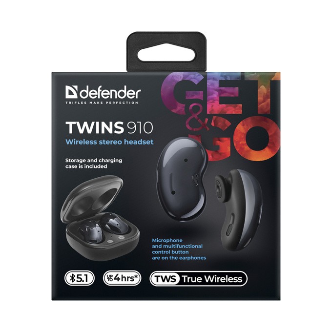 Defender Twins 910, słuchawki z mikrofonem, bezprzewodowaczarna, douszne, BT 5.1, TWS, etui ładujące typ bluetooth