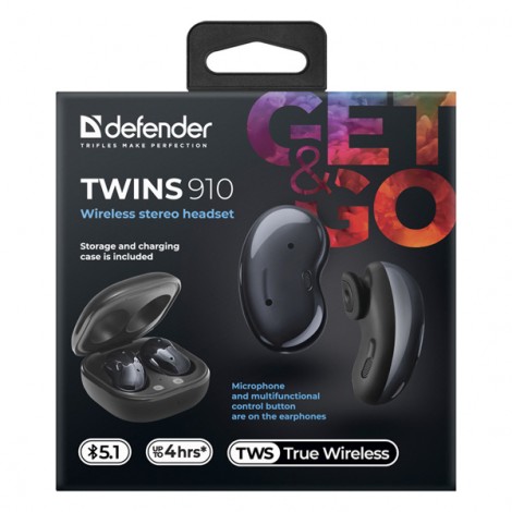 Defender Twins 910, słuchawki z mikrofonem, bezprzewodowaczarna, douszne, BT 5.1, TWS, etui ładujące typ bluetooth