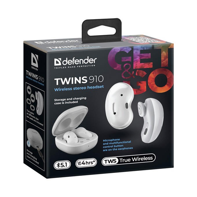Defender Twins 910, słuchawki z mikrofonem, bezprzewodowabiała, douszne, BT 5.1, TWS, etui ładujące typ bluetooth