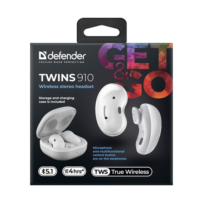 Defender Twins 910, słuchawki z mikrofonem, bezprzewodowabiała, douszne, BT 5.1, TWS, etui ładujące typ bluetooth