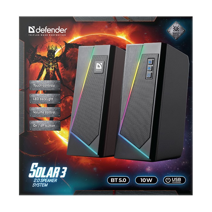 Defender głośniki Solar 3, 2.0, 10W, czarne, regulacja głośności, Bluetooth, podświetlenie, 160Hz~20kHz