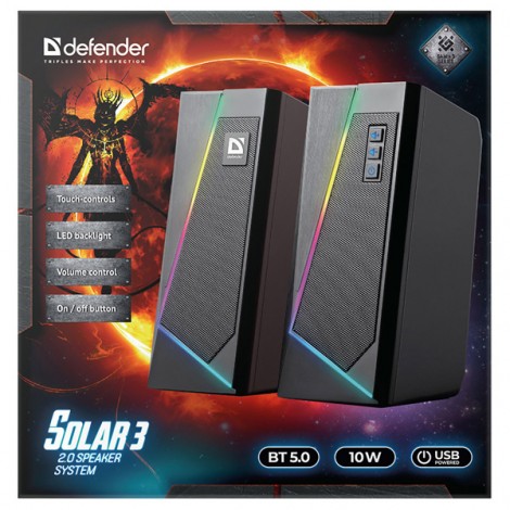 Defender głośniki Solar 3, 2.0, 10W, czarne, regulacja głośności, Bluetooth, podświetlenie, 160Hz~20kHz