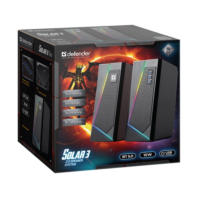 Defender głośniki Solar 3, 2.0, 10W, czarne, regulacja głośności, Bluetooth, podświetlenie, 160Hz~20kHz