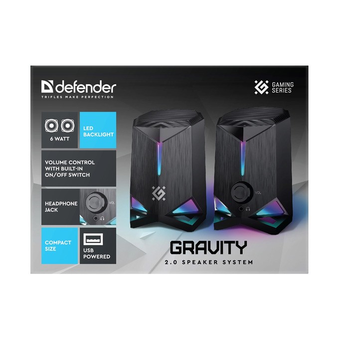 Defender głośniki GRAVITY, 2.0, 6W, czarne, regulacja głośności, podświetlenie, 80Hz~20kHz
