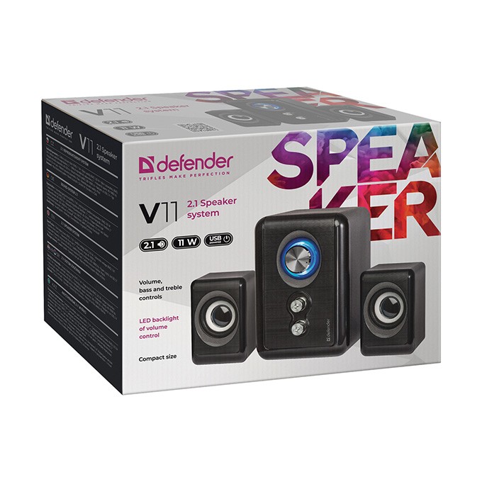 Defender głośniki V11, 2.1, 11W, czarne, regulacja głośności, regulacja głośności, niskich i wysokich tonów, 