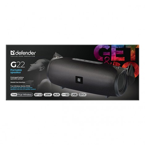 Defender głośnik G22, Li-Ion, 2.0, 20W, czarny, regulacja głośności, BT 5.0, TWS, boczne głośniki pasywne, Defender głośnik G22, Li-Ion, 2.0, 20W, czarny, regulacja głośności, BT 5.0, TWS, boczne głośniki pasywne,