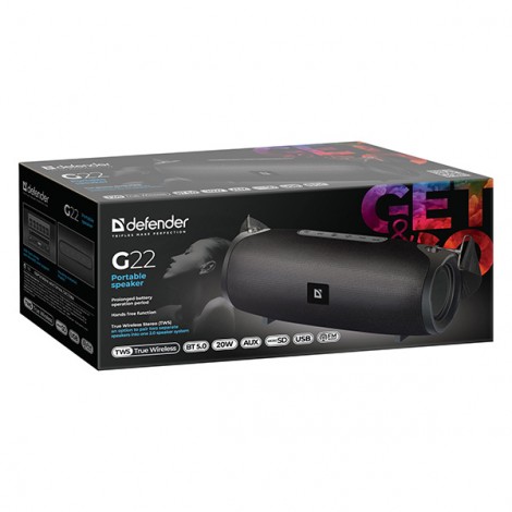 Defender głośnik G22, Li-Ion, 2.0, 20W, czarny, regulacja głośności, BT 5.0, TWS, boczne głośniki pasywne, Defender głośnik G22, Li-Ion, 2.0, 20W, czarny, regulacja głośności, BT 5.0, TWS, boczne głośniki pasywne,