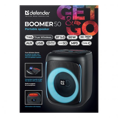 Defender głośnik BOOMER 50, Li-Ion, 1.1, 50W, czarny, regulacja głośności, podświetlenie LED, BT 5.0, TWS, Defender głośnik BOOMER 50, Li-Ion, 1.1, 50W, czarny, regulacja głośności, podświetlenie LED, BT 5.0, TWS,