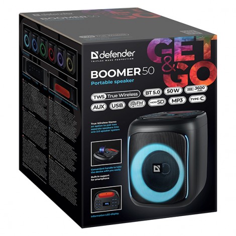 Defender głośnik BOOMER 50, Li-Ion, 1.1, 50W, czarny, regulacja głośności, podświetlenie LED, BT 5.0, TWS, Defender głośnik BOOMER 50, Li-Ion, 1.1, 50W, czarny, regulacja głośności, podświetlenie LED, BT 5.0, TWS,