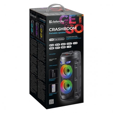 Defender głośnik CRASHBOOM, Li-Ion, 2.0, 16W, czarny, z mikrofonem Defender głośnik CRASHBOOM, Li-Ion, 2.0, 16W, czarny, z mikrofonem