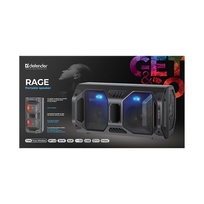 Defender głośnik Rage, Li-Ion, 2.0, 50W, czarny, regulacja głośności, LED, BT 5.0, TWS, pilot w zestawie, 
