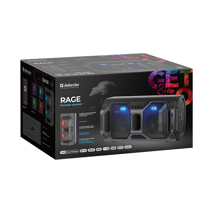 Defender głośnik Rage, Li-Ion, 2.0, 50W, czarny, regulacja głośności, LED, BT 5.0, TWS, pilot w zestawie, 