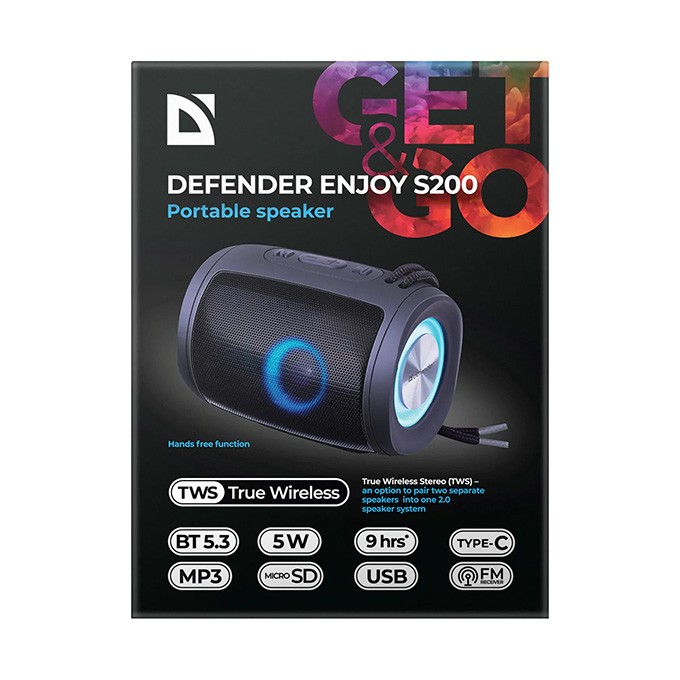 Defender głośnik ENJOY S200, Li-Ion, 1.0, 5W, czarny, regulacja głośności, przenośny, z podświetleniem LED, 