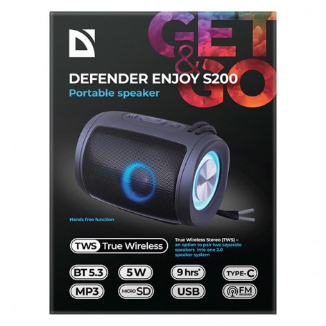 Defender głośnik ENJOY S200, Li-Ion, 1.0, 5W, czarny, regulacja głośności, przenośny, z podświetleniem LED, Defender głośnik ENJOY S200, Li-Ion, 1.0, 5W, czarny, regulacja głośności, przenośny, z podświetleniem LED,