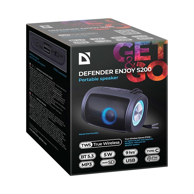 Defender głośnik ENJOY S200, Li-Ion, 1.0, 5W, czarny, regulacja głośności, przenośny, z podświetleniem LED, 