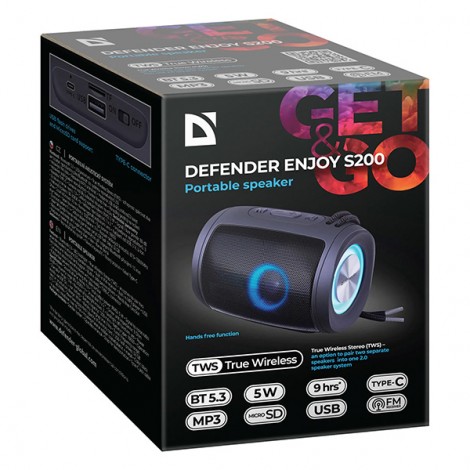Defender głośnik ENJOY S200, Li-Ion, 1.0, 5W, czarny, regulacja głośności, przenośny, z podświetleniem LED, Defender głośnik ENJOY S200, Li-Ion, 1.0, 5W, czarny, regulacja głośności, przenośny, z podświetleniem LED,