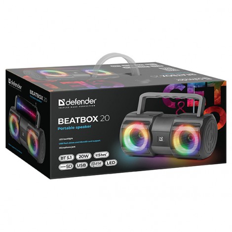 Defender głośnik BEATBOX 20, Li-Ion, 2.0, 20W, czarny, regulacja głośności, przenośny, z podświetleniem LED, Defender głośnik BEATBOX 20, Li-Ion, 2.0, 20W, czarny, regulacja głośności, przenośny, z podświetleniem LED,