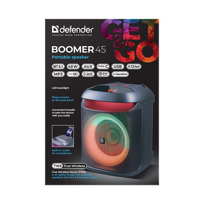 Defender głośnik BOOMER 45, Li-Ion, 1.1, 45W, czarny, regulacja głośności, LED, BT 5.1, TWS, 90Hz-20KHz