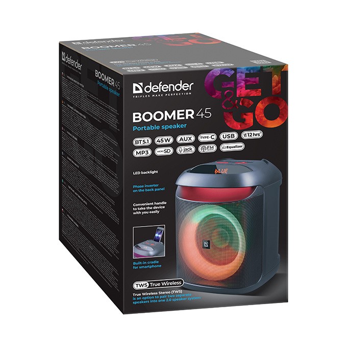 Defender głośnik BOOMER 45, Li-Ion, 1.1, 45W, czarny, regulacja głośności, LED, BT 5.1, TWS, 90Hz-20KHz