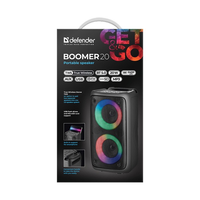 Defender głośnik BOOMER 20, Li-Ion, 2.0, 20W, czarny, regulacja głośności, podświetlenie LED, BT 5.0, TWS, 