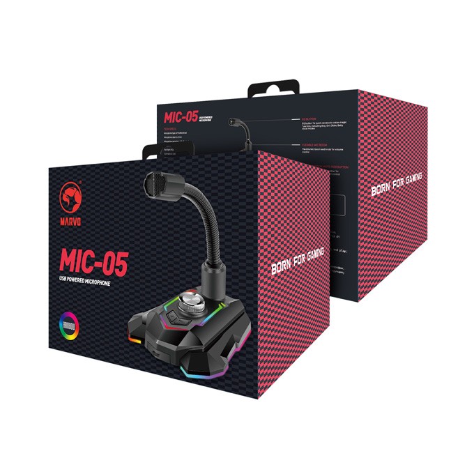 Marvo, do gry mikrofon, MIC-05, regulacja głosności, czarny, Rainbow LED, uchwyt na telefon