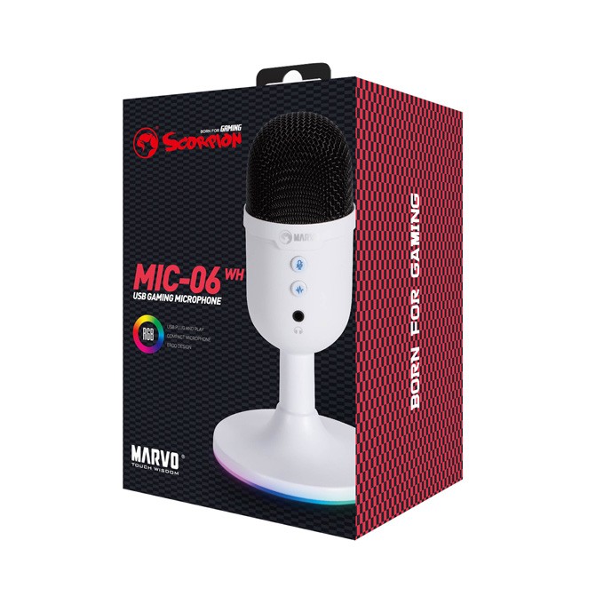 Marvo, gamingowy mikrofon, MIC-06, biała, Podświetlenie RGB, wejście słuchawkowe