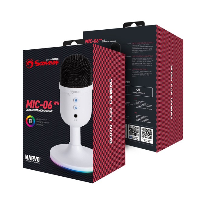 Marvo, gamingowy mikrofon, MIC-06, biała, Podświetlenie RGB, wejście słuchawkowe