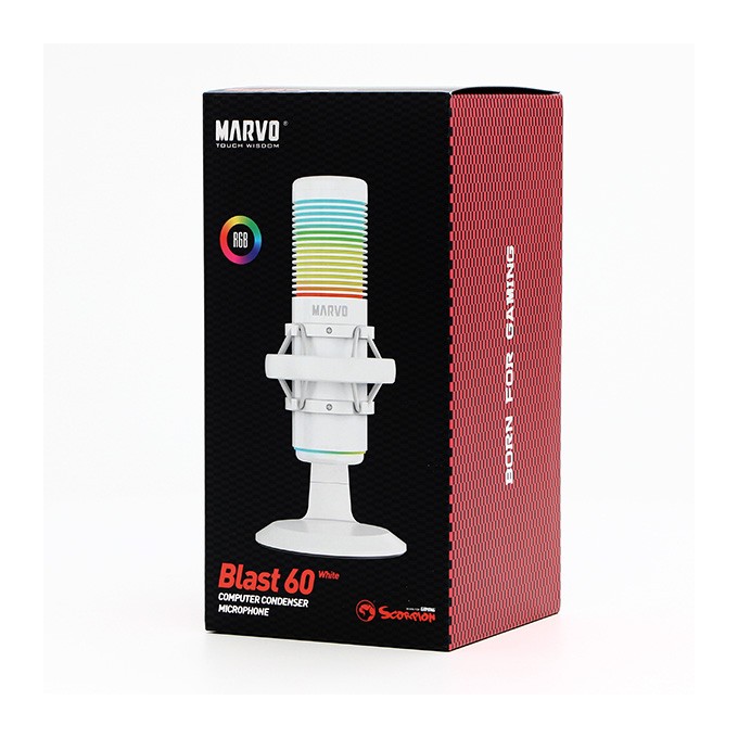 Marvo, gamingowy mikrofon, BLAST 60 White, biały, Podświetlenie RGB, wejście słuchawkowe