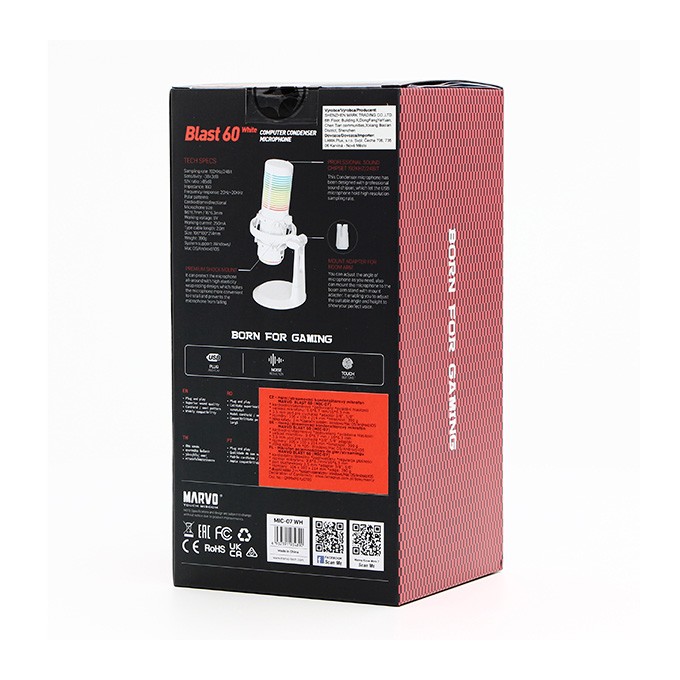 Marvo, gamingowy mikrofon, BLAST 60 White, biały, Podświetlenie RGB, wejście słuchawkowe