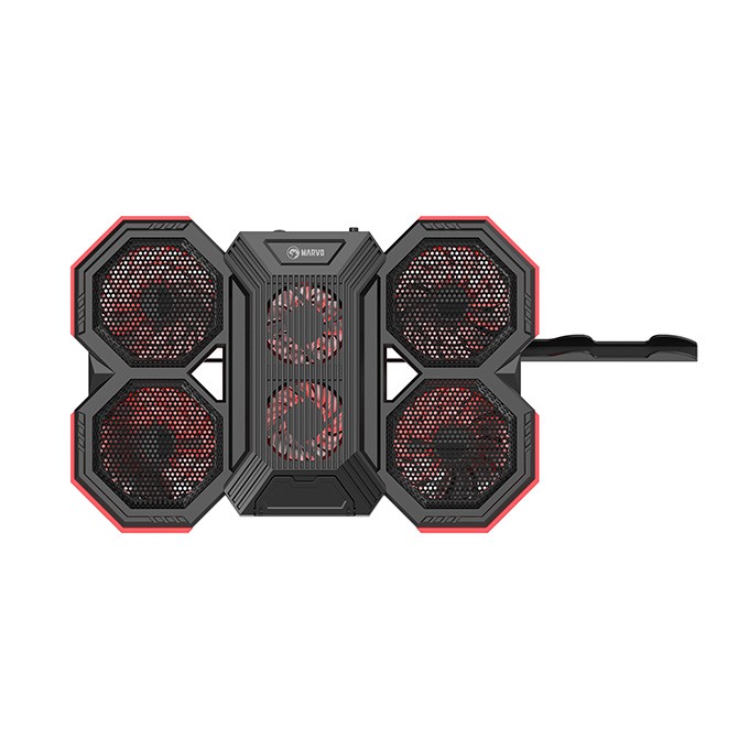 Stojak pod notebook, FN-41, podświetlany, z wiatrakiem, czarno-czerwony, Marvo, z 2-portowym hub-em