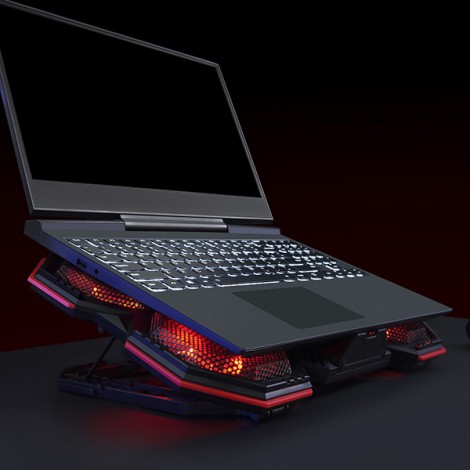 Stojak pod notebook, FN-41, podświetlany, z wiatrakiem, czarno-czerwony, Marvo, z 2-portowym hub-em